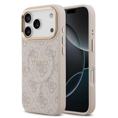 Rausvas dėklas telefonui Apple iPhone 17 Pro Guess PU Leather 4G Gold Frame MagSafe su raštu ir auksine apdaila