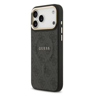 Juodas dėklas telefonui Apple iPhone 17 Pro Max Guess PU Leather 4G Gold Frame MagSafe su auksine rėmeliu ir tekstūra