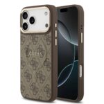 Rudas dėklas telefonui Apple iPhone 17 Pro Max su Guess logotipu ir auksine rėmelių dalimi