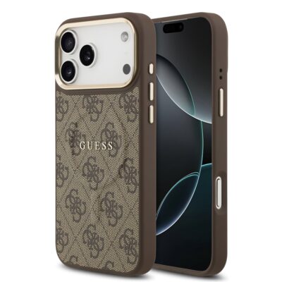Rudas dėklas telefonui Apple iPhone 17 Pro Max su Guess logotipu ir auksine rėmelių dalimi