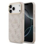 Rausvas dėklas telefonui Apple iPhone 17 Pro Max Guess PU Leather 4G Gold Frame MagSafe su raštu ir aukso rėmeliu
