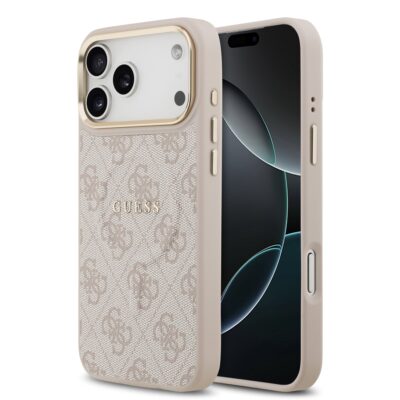 Rausvas dėklas telefonui Apple iPhone 17 Pro Max Guess PU Leather 4G Gold Frame MagSafe su raštu ir aukso rėmeliu