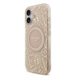Rausvas dėklas telefonui Apple iPhone 17 su Guess IML Flowers Allover strap MagSafe raštais