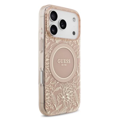 Rausvas dėklas telefonui Apple iPhone 17 Pro Guess IML Flowers Allover Strap MagSafe su gėlių raštais ir magnetiniu žiedu