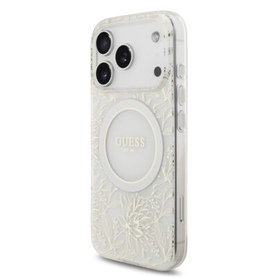 Baltas dėklas telefonui Apple iPhone 17 Pro Guess IML Flowers Allover Strap MagSafe su gėlių raštu
