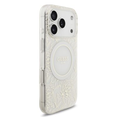 Baltas dėklas telefonui Apple iPhone 17 Pro Guess IML Flowers Allover Strap MagSafe su gėlių raštu ir magnetiniu žiedu