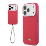 Rožinis dėklas Apple iPhone 17 Pro DKNY PU odos metalo logotipu ir riešo grandinėle