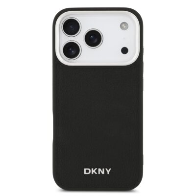 Juodas dėklas Apple Iphone 17 Pro DKNY PU odos tekstūra ir metalinis logotipas