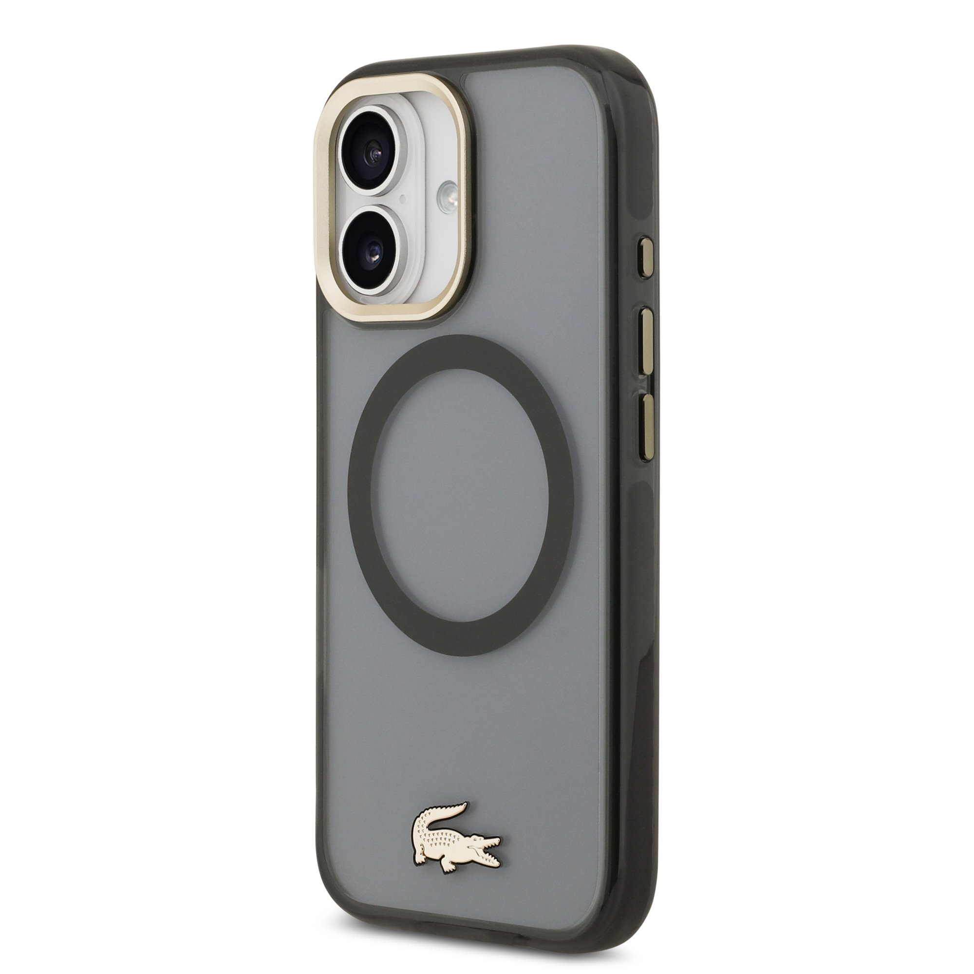 Juodas dėklas Apple Iphone 17 Lacoste PC TPU Frosted Finish Gold Logo MagSafe Juodas dėklas Apple Iphone 17 su aukso spalvos Lacoste logotipu ir MagSafe žiedu