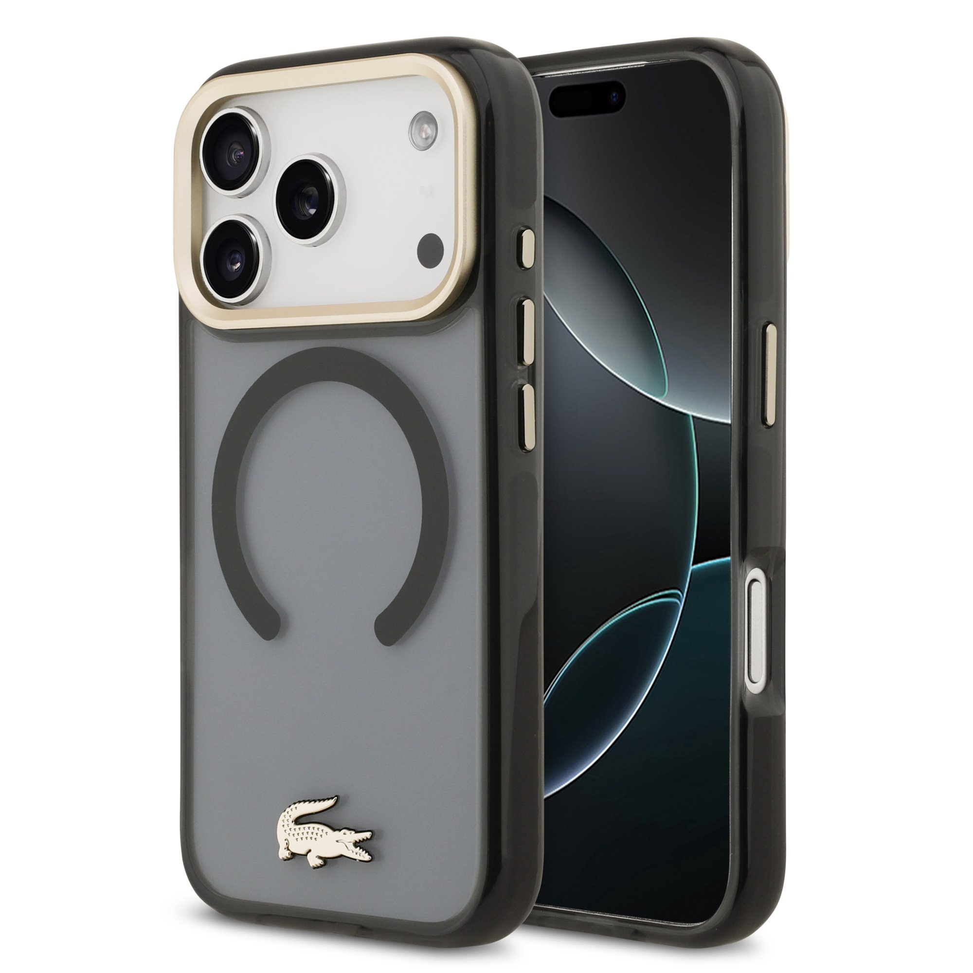 Juodas dėklas Apple Iphone 17 Pro Lacoste PC TPU Frosted Finish Gold Logo MagSafe Juodas dėklas Apple Iphone 17 Pro Lacoste PC TPU matinio paviršiaus su auksiniu logotipu MagSafe