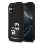 Juodas dėklas telefonui Apple iPhone 17 su Karl Lagerfeld ir katės piešiniu