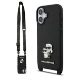 Juodas dėklas telefonui Apple Iphone 17 su Karl Lagerfeld logotipu ir crossbody dirželiu