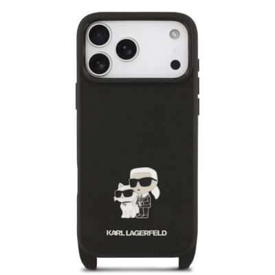 Juodas dėklas telefonui Apple Iphone 17 Pro Karl Lagerfeld Saffiano Crossbody Strap su metaline Karl ir Choupette emblema
