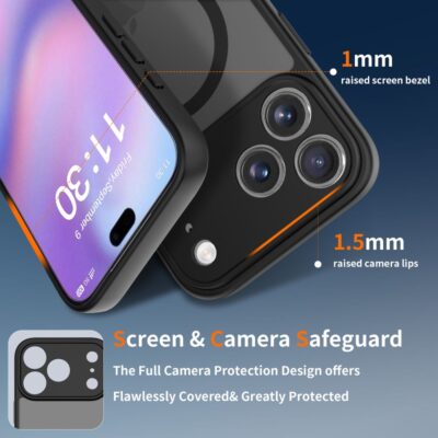 Juodas matinis dėklas telefonui Apple Iphone 17 Pro Max Tech-Protect Basicmag Magsafe su pakelta ekrano ir kameros apsauga