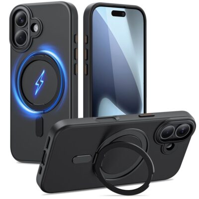 Juodas matinis dėklas Apple Iphone 17 Tech-Protect Magring Magsafe su žiedu ir apšvietimu