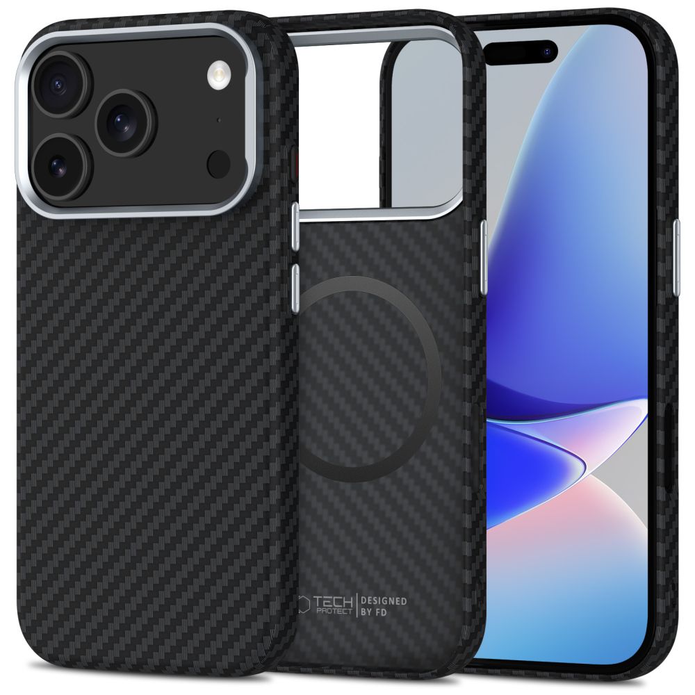 Juodas-sidabrinis dėklas Apple Iphone 17 Pro Max Tech-Protect Ion Carbon Magsafe Juodas sidabrinis deklas Apple Iphone 17 Pro Max Tech-Protect Ion Carbon Magsafe su anglies pluošto raštu