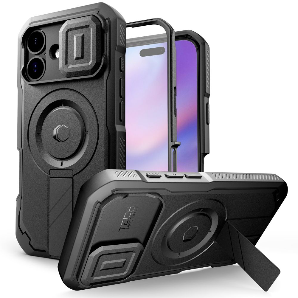 Juodas dėklas Apple Iphone 17 Tech-Protect Kevlar Magsafe Juodas dėklas Apple Iphone 17 Tech-Protect Kevlar Magsafe su integruotu stovu ir objektyvo apsauga