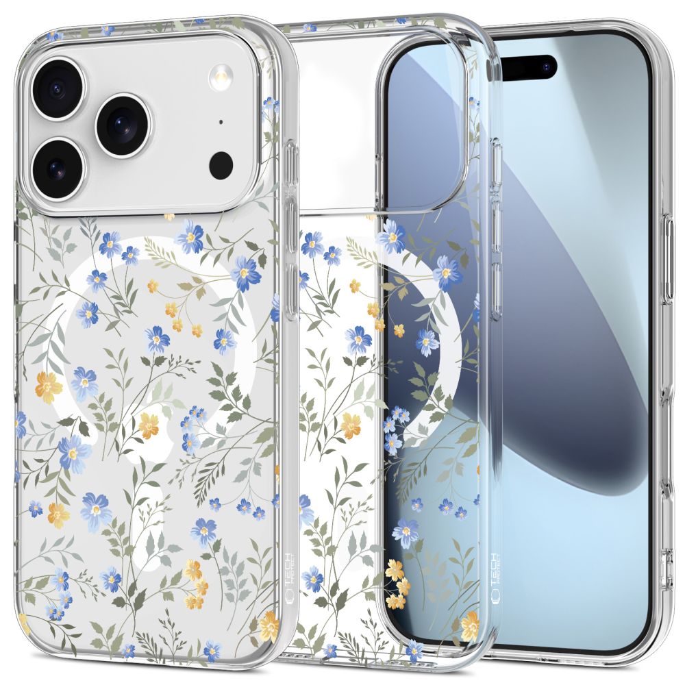 Gėlių dėklas Apple Iphone 17 Pro Max Tech-Protect FlexAir Magsafe Gėlių dėklas Apple Iphone 17 Pro Max Tech-Protect FlexAir Magsafe su mėlynais ir geltonais gėlių raštais