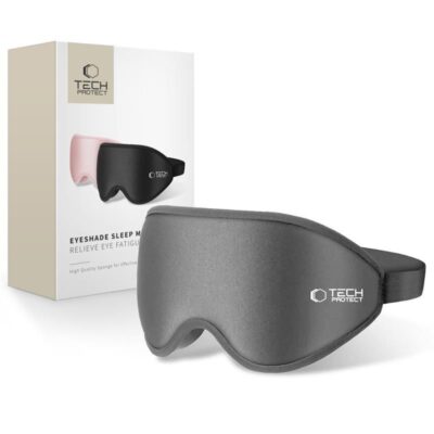 Pilka miego kaukė TECH-PROTECT EYESHADE SLEEP MASK pakuotėje ir išorėje