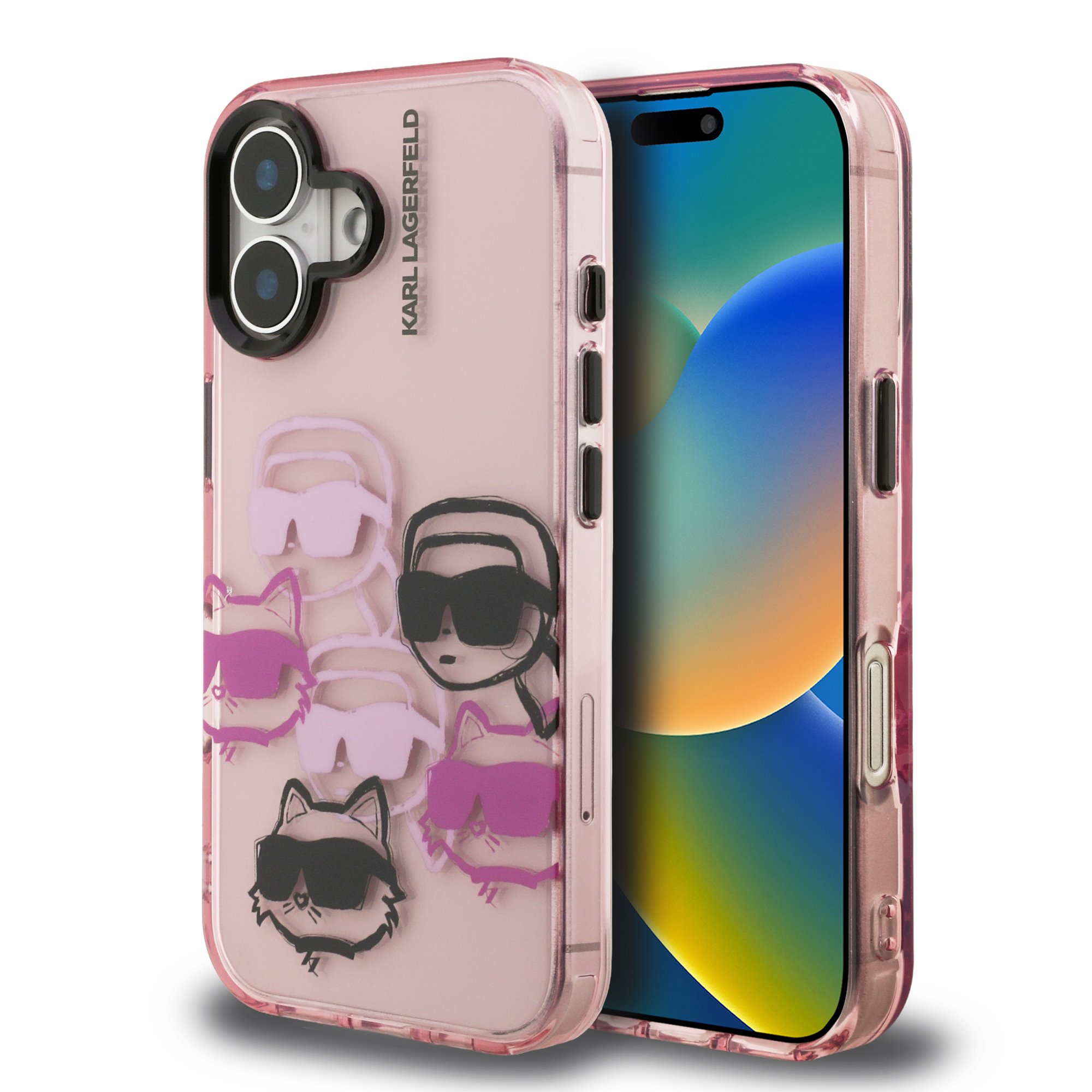 Rausvas dėklas telefonui Apple iPhone 16 Karl Lagerfeld IML Multi K&CH Heads Rausvas dėklas telefonui Apple iPhone 16 Karl Lagerfeld IML Multi K&CH Heads su keliomis galvutėmis ir katėmis dėkle