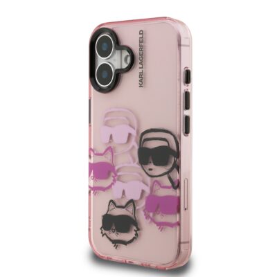 Rausvas dėklas telefonui Apple iPhone 16 su Karl Lagerfeld galvų dizainu