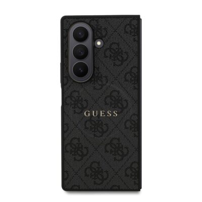 Juodas dėklas Guess PU Leather 4G Colored Ring MagSafe telefonui Samsung Galaxy Z Fold 7 su raštuota faktūra ir logotipu