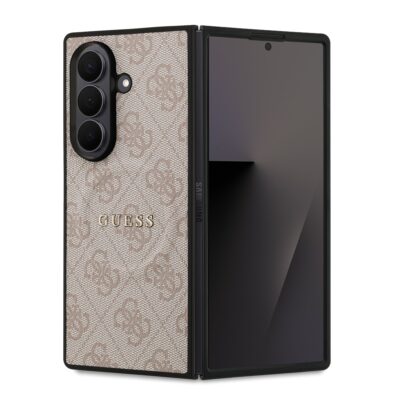 Rausvas dėklas Guess PU Leather 4G Colored Ring MagSafe telefonui Samsung Galaxy Z Fold 7 su raštu ir metaliniu logotipu