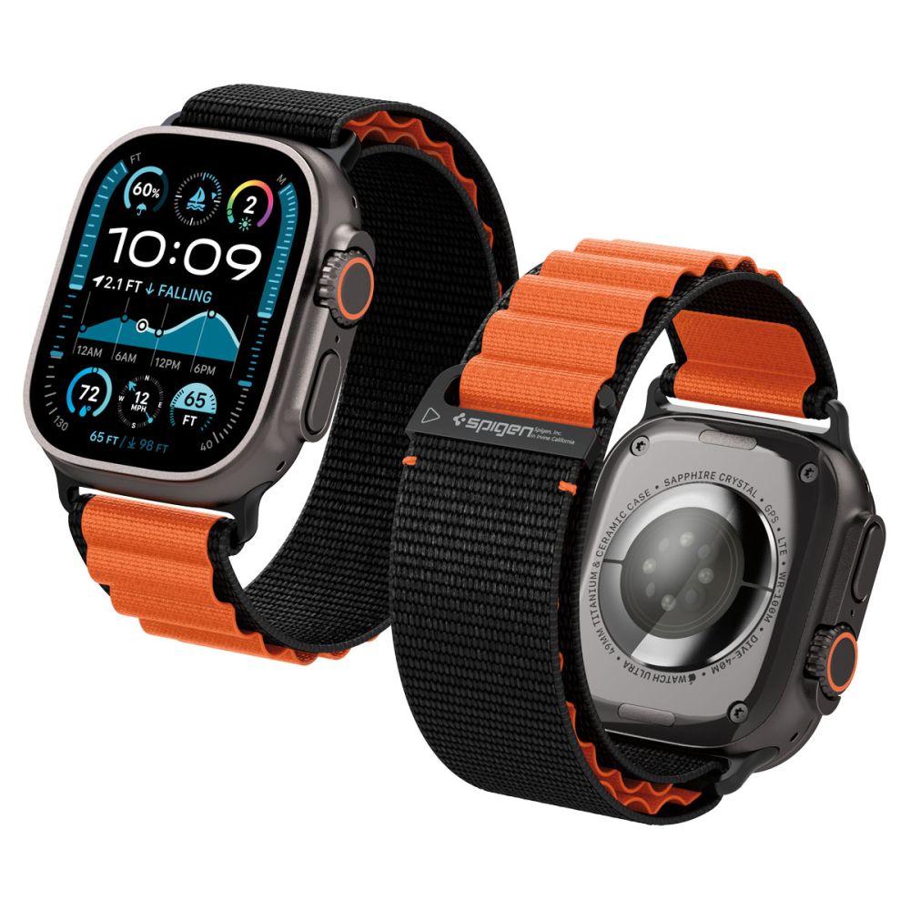Juoda-oranžinė apyrankė Apple Watch 44 45 46 49 mm Spigen WBF1 BAND Juoda ir oranžinė ilga apyrankė Apple Watch su nailono tekstūra ir bangelių raštu