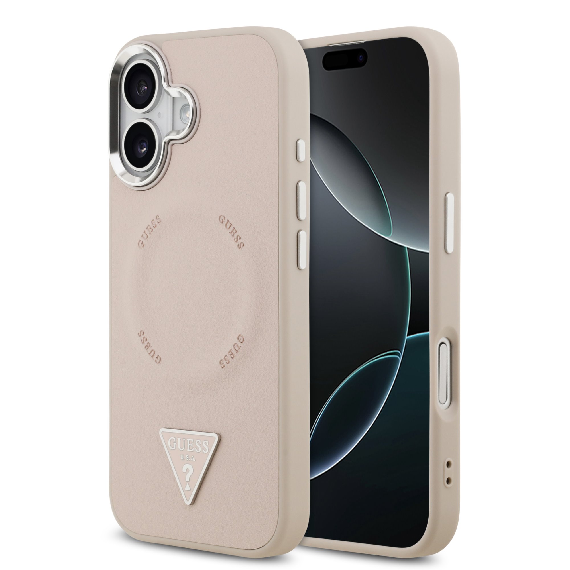 Rausvas dėklas telefonui Apple iPhone 17 Guess PU Leather Triangle Logo MagSafe Rausvas dėklas telefonui Apple iPhone 17 su Guess PU Leather Triangle Logo ir MagSafe funkcija