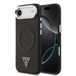 Juodas PU odos dėklas telefonui Apple iPhone 17 Air su MagSafe ir Guess trikampio logotipu