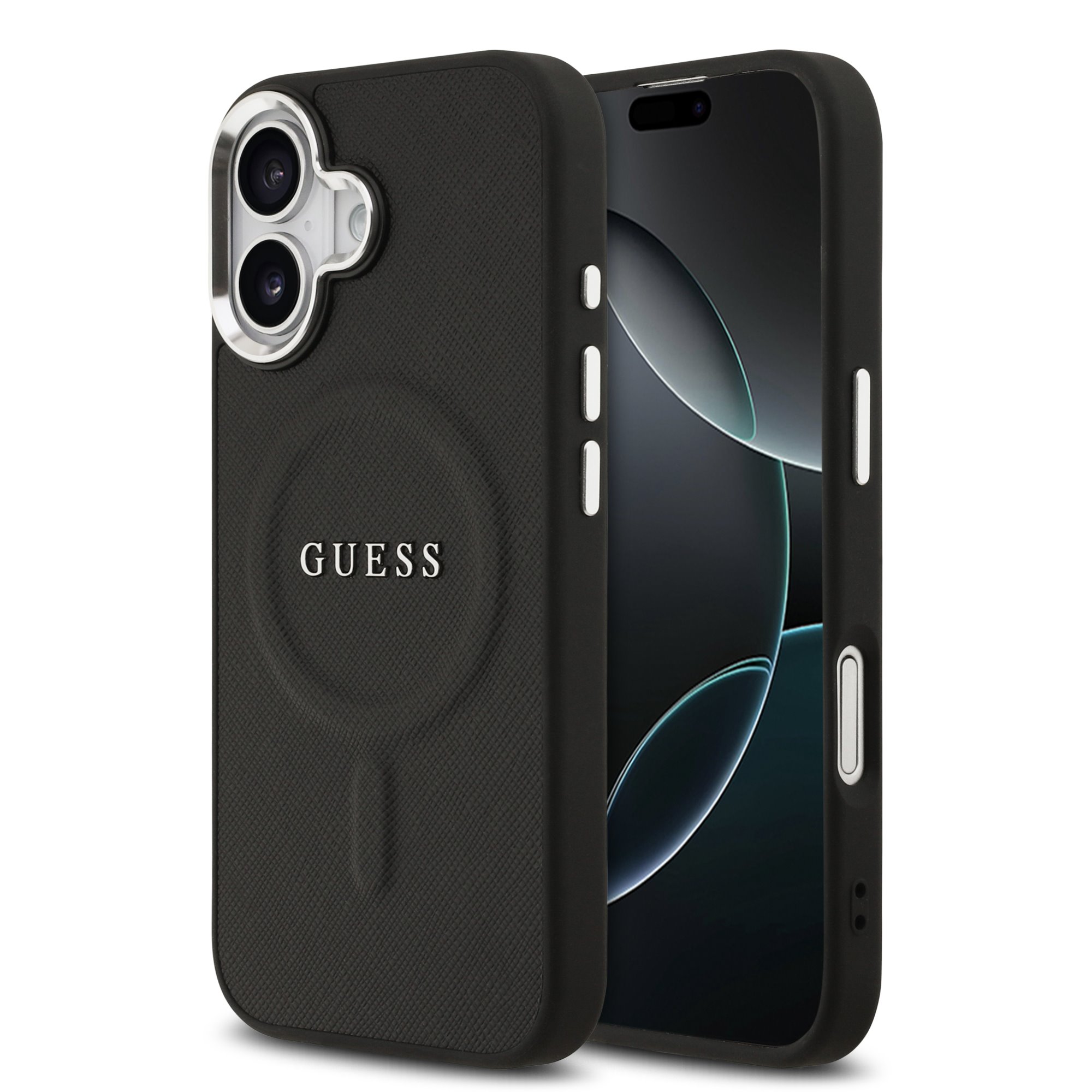 Juodas originalus dėklas Guess PU Saffiano MagSafe Apple Iphone 17 Juodas originalus dėklas Guess PU Saffiano MagSafe telefonui Apple Iphone 17 su metaliniu apvadu aplink kameras