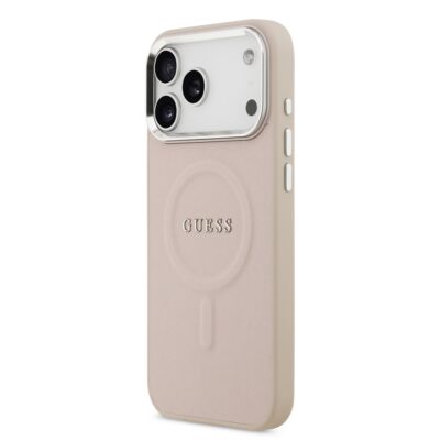 Rausvas originalus deklas Guess PU Saffiano MagSafe telefonui Apple Iphone 17 Pro su teksturuota pavirsiaus dalimi ir metalu apvadais