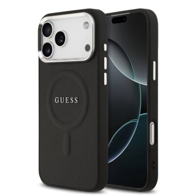 Juodas originalus dėklas Guess PU Saffiano MagSafe Apple Iphone 17 Pro Max telefonui