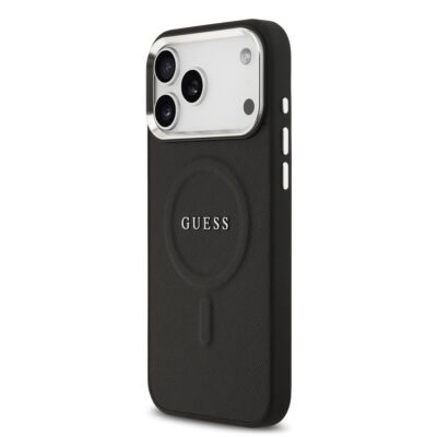 Juodas originalus deklas Guess PU Saffiano MagSafe telefonui Apple Iphone 17 Pro Max su tekstu ir triju kameru