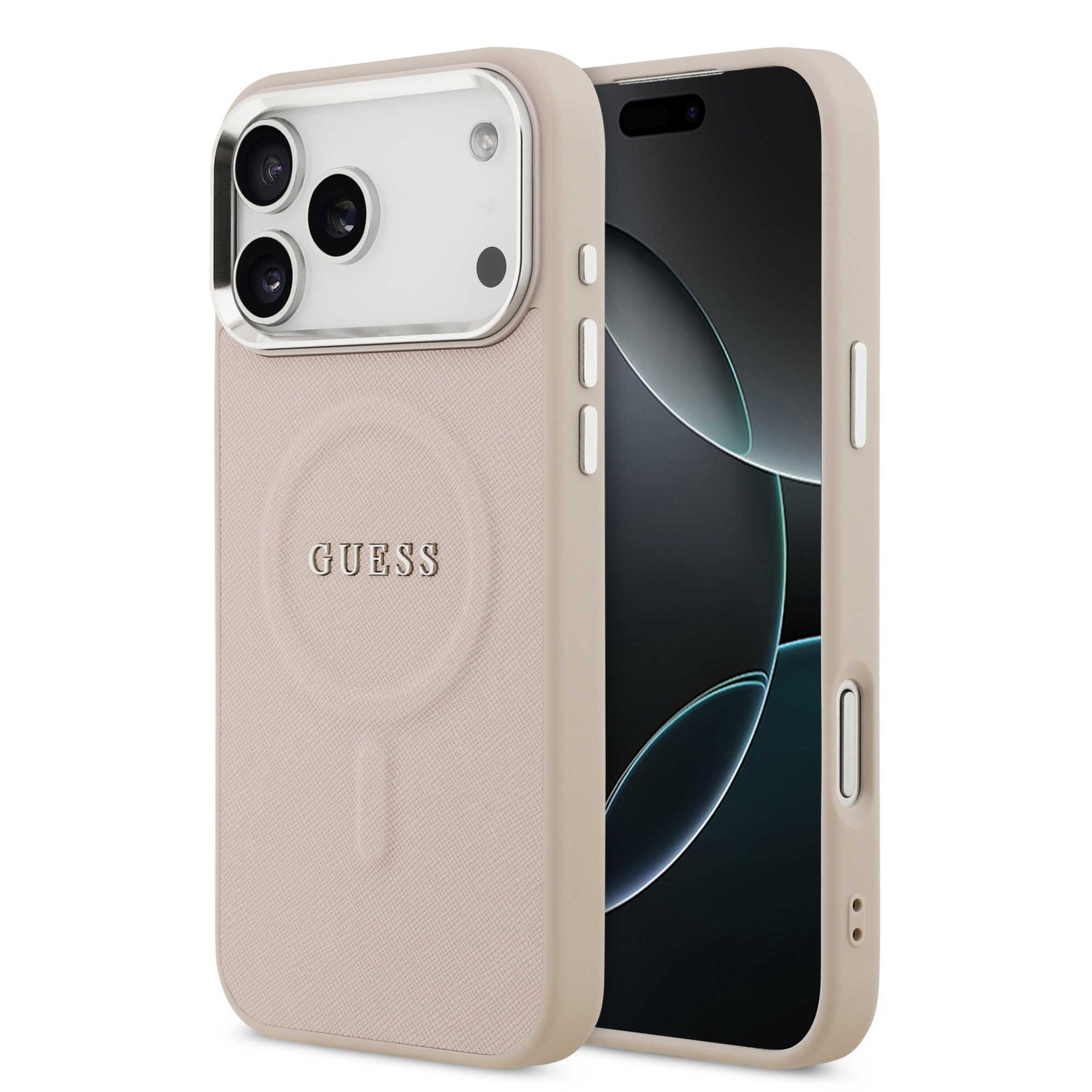Rausvas originalus dėklas Guess PU Saffiano MagSafe Rausvas originalus dėklas Guess PU Saffiano MagSafe telefonui Apple Iphone 17 Pro Max su tekstūra ir logotipu