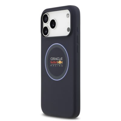 Tamsiai melynas iPhone 17 Pro Max deklas su Oracle Red Bull Racing logotipu ir MagSafe ziedu