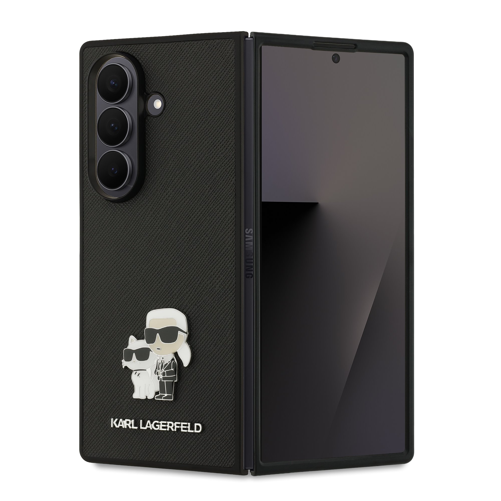 Juodas originalus dėklas Karl Lagerfeld PU Saffiano Samsung Galaxy Z Fold 7 Juodas originalus dėklas Karl Lagerfeld PU Saffiano Karl and Choupette telefonui Samsung Galaxy Z Fold 7 su reljefiniu paviršiumi ir metaliniu logotipu