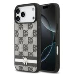 Juodas dėklas telefonui Apple Iphone 17 Pro Max su DKNY PU odos languotu raštu ir juostele