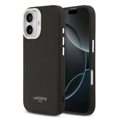 Juodas originalus dėklas Lacoste PU Leather Champs Elysees MagSafe telefonui Apple iPhone 17 su tekstūruota oda ir metaliniu kameros rėmeliu