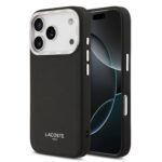 Juodas originalus dėklas Lacoste PU Leather Champs Elysees MagSafe telefonui Apple iPhone 17 Pro su tekstūruota oda ir LACOSTE logotipu