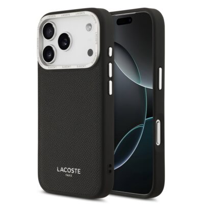 Juodas originalus dėklas Lacoste PU Leather Champs Elysees MagSafe telefonui Apple iPhone 17 Pro su tekstūruota oda ir LACOSTE logotipu