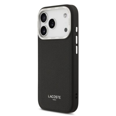 Juodas originalus dėklas Lacoste PU Leather Champs Elysees MagSafe telefonui Apple iPhone 17 Pro su tekstūruota oda ir metaliniu kameros apsaugos rėmeliu
