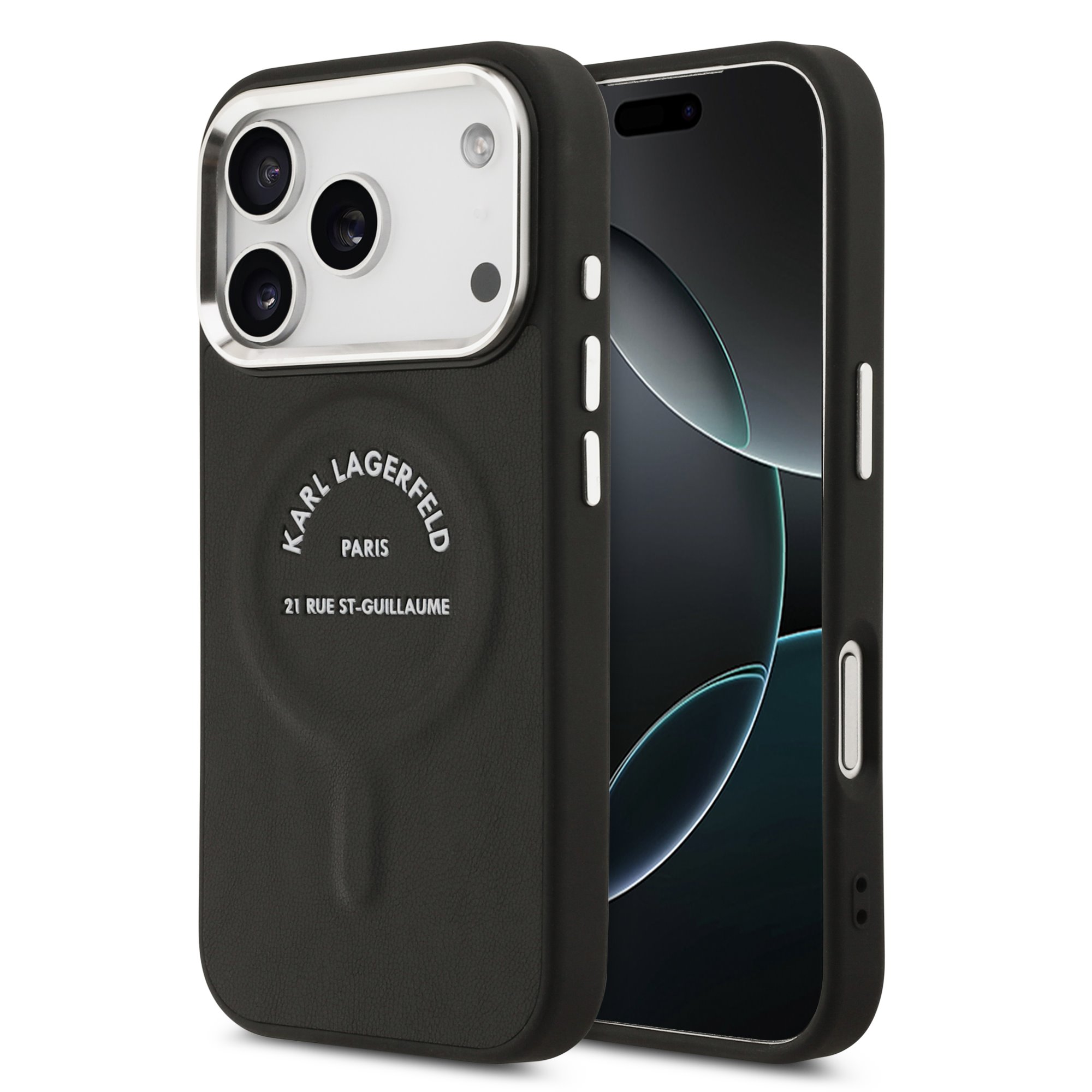 Juodas originalus dėklas Karl Lagerfeld PU RSG Logo MagSafe Apple Iphone 17 Pro Juodas originalus dėklas Karl Lagerfeld PU RSG Logo MagSafe telefonui Apple Iphone 17 Pro su trikampiu formos metaliniu kameros rėmeliu