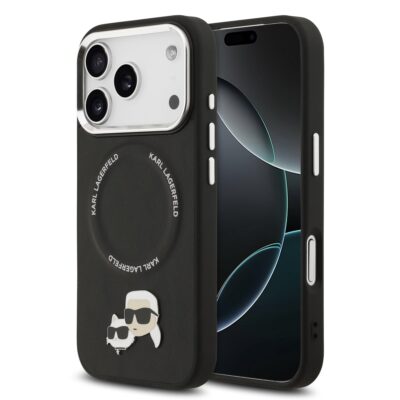 Juodas originalus dėklas Karl Lagerfeld su įspaustais logotipais ir metalinėmis Karl ir Choupette detallėmis Apple Iphone 17 Pro Max telefonui