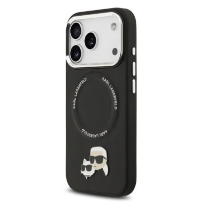 Juodas originalus dėklas Karl Lagerfeld PU su Karl ir Choupette ženkliukais MagSafe telefonui Apple Iphone 17 Pro Max