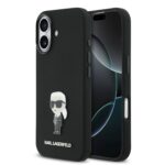 Juodas dėklas Karl Lagerfeld Liquid Silicone Metal Ikonik telefonui Apple Iphone 17 su metaliniu Karl Lagerfeld logotipu