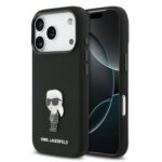 Juodas dėklas Karl Lagerfeld Liquid Silicone Metal Ikonik telefonui Apple Iphone 17 Pro su metaliniu Karl Lagerfeld figūrėlės dizainu