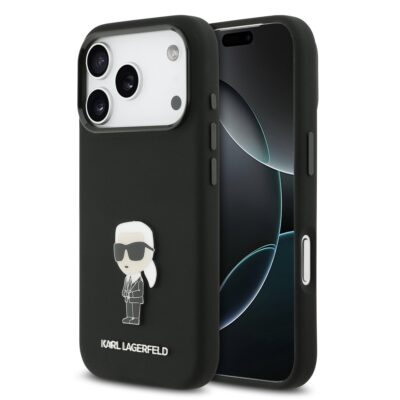 Juodas dėklas Karl Lagerfeld Liquid Silicone Metal Ikonik telefonui Apple Iphone 17 Pro su metaliniu Karl Lagerfeld figūrėlės dizainu
