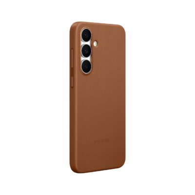 Tan originalus dėklas EF-VS731PAE KindSuit Cover telefonui Samsung Galaxy S25 FE su tekstūruota paviršiaus oda ir fotoaparato anga