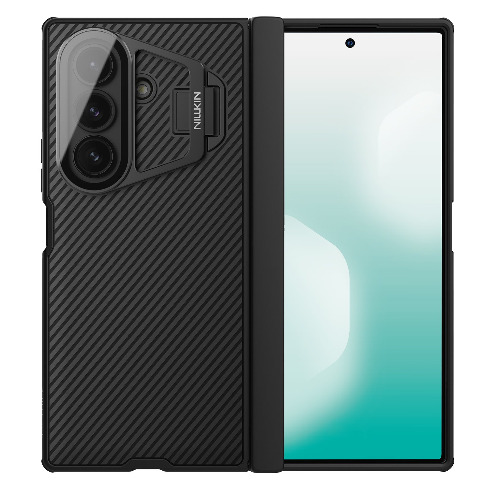 Juodas dėklas Nillkin CamShield telefonui Samsung Galaxy Z Fold 7 Juodas dėklas Nillkin CamShield Props Magnetic telefonui Samsung Galaxy Z Fold 7 su magnetiniu laikikliu ir raštuota tekstūra